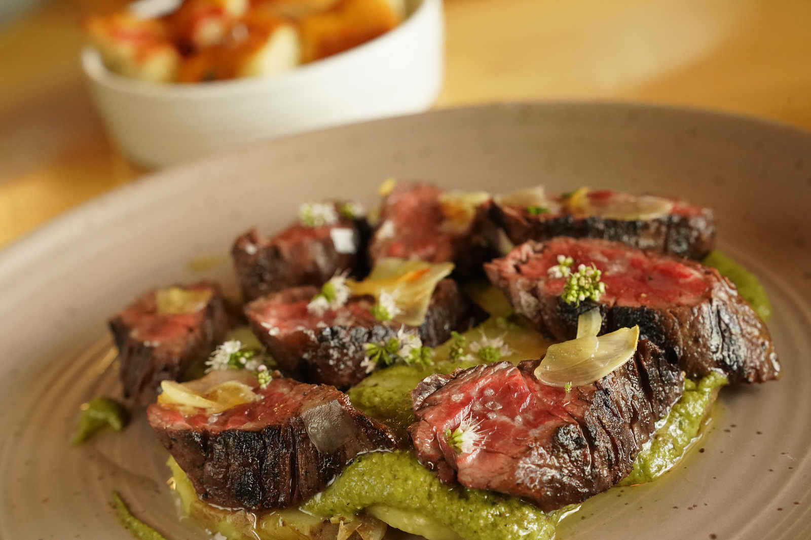 Hanger steak with romesco at Villa Coffee House